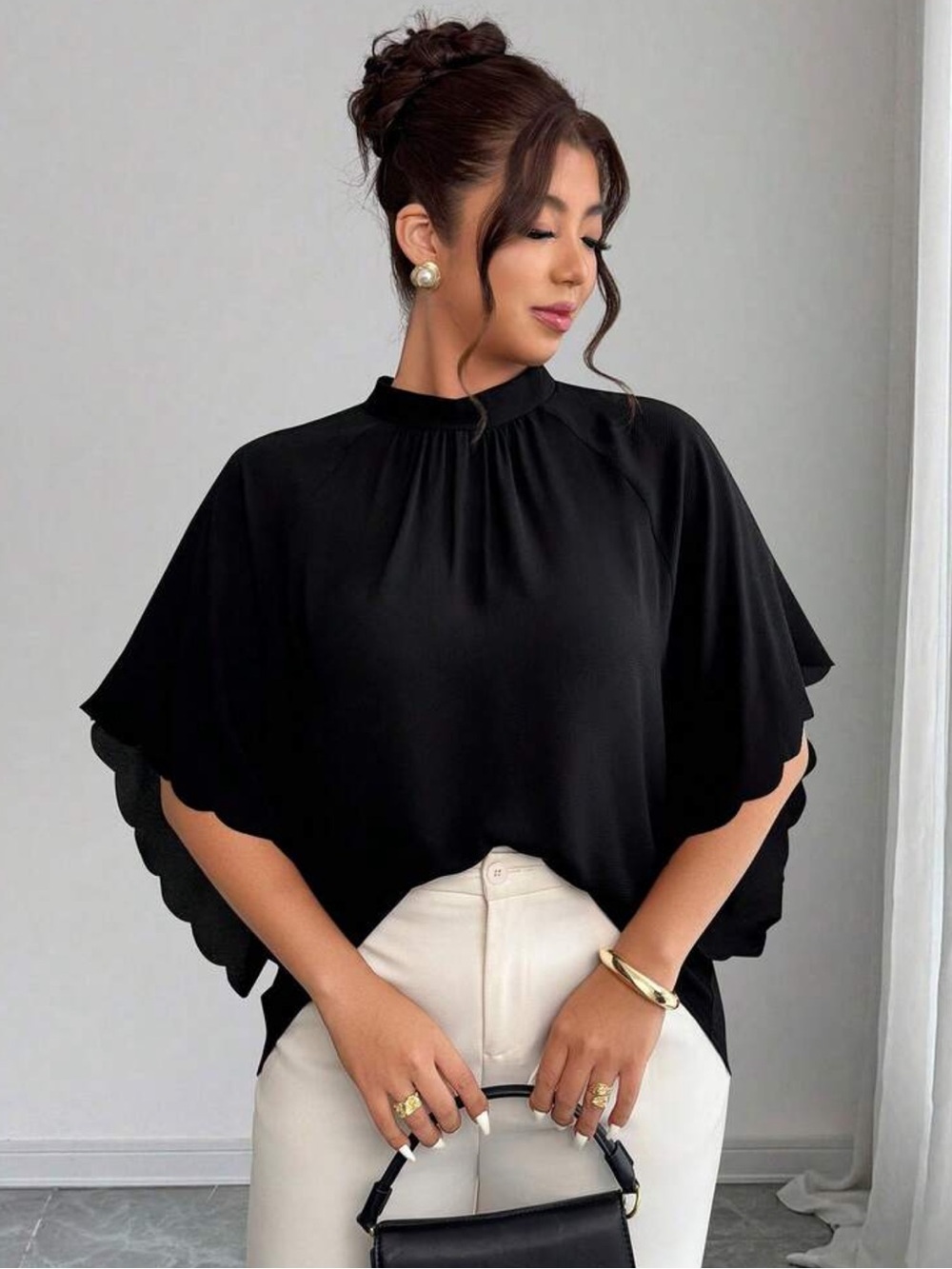 Elenzga Plus Size Women's Round Neck Ruched Sleeve Wavy Hem Loose Blouse,